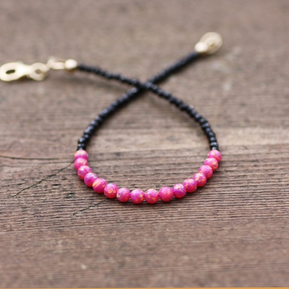 Handmade Natural Black Spinel and Pink Opal Bracelet 14k Gold Filled 7" - Picture 8 of 9